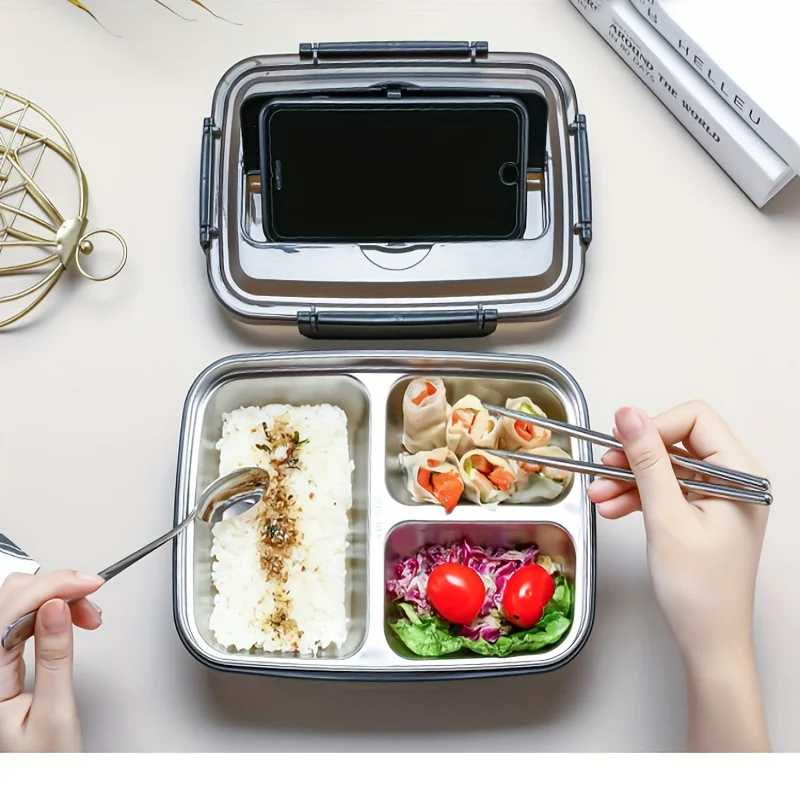 Durable Stainless Steel Lunch Box, Leak Proof Bento Container With Compartments For Students And Office Workers white