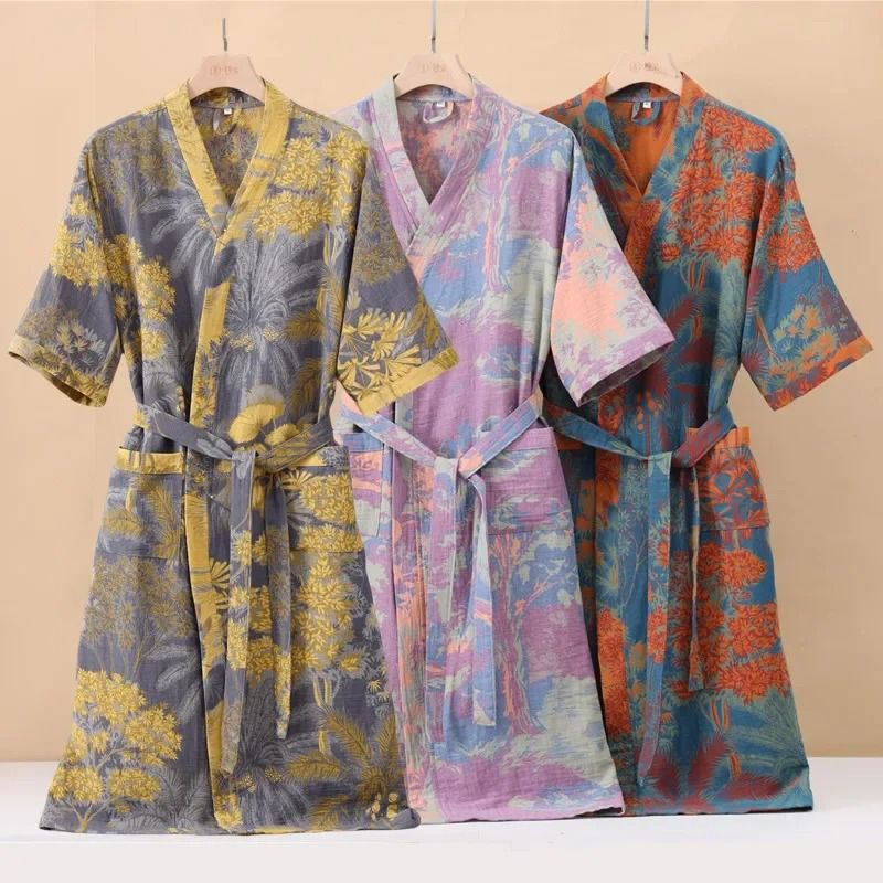 Cotton Printed Kimono Bathrobe Quick Dry Summer Home Wear 08 l