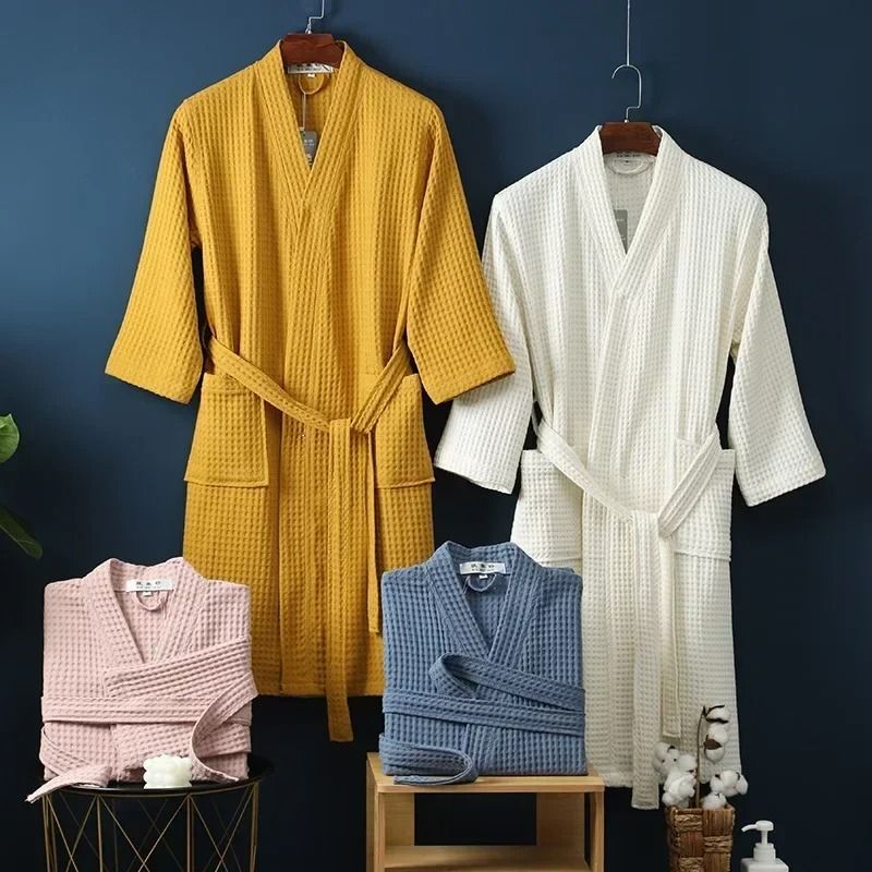 Premium Cotton Terry Waffle Robe Professional Thin Morning Gown & Hotel Grade Couple's Bathrobe style A yellow xl
