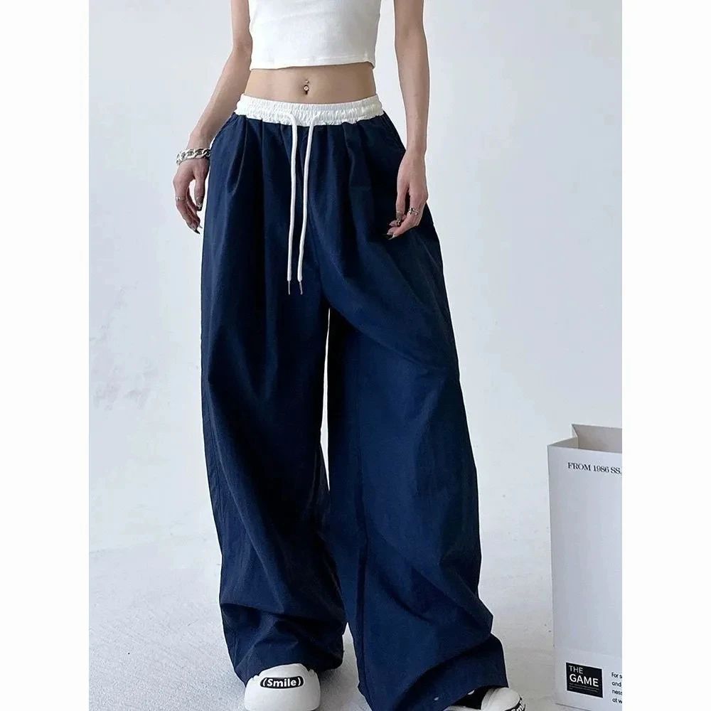Y2K Gothic Wide Leg Cargo Pants For Women Adjustable Drawstring Streetwear Trousers blue xl(us 12)