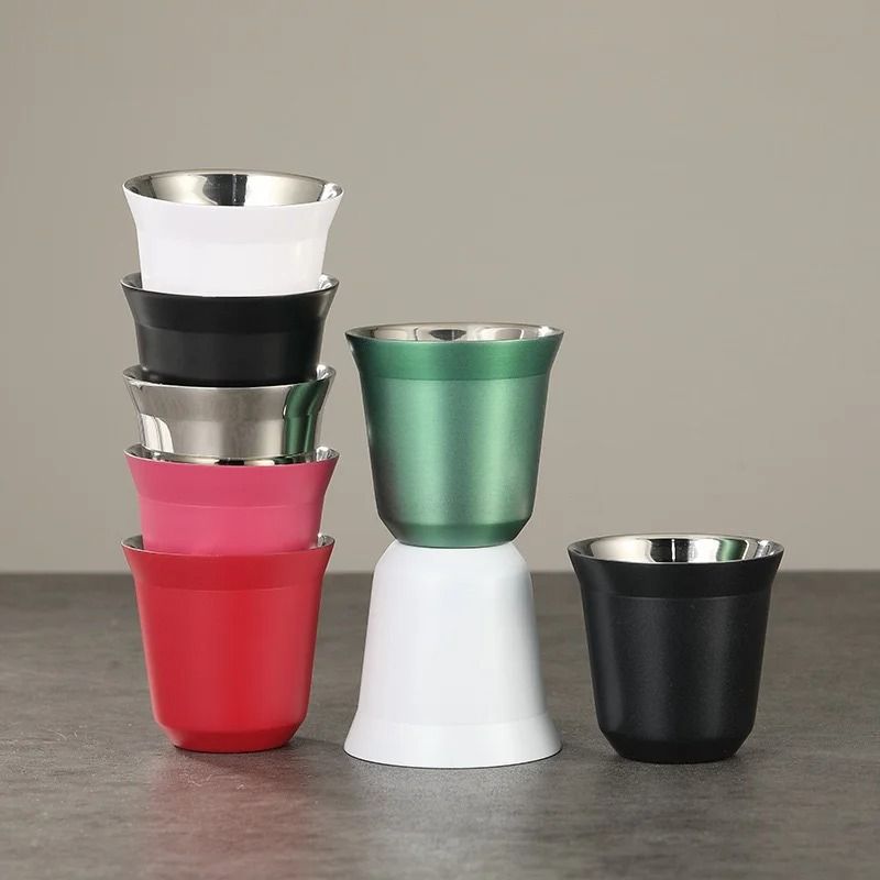 Summer High Grade Double Layer Stainless Steel Capsule Coffee Cup Simple Flat Bottom Solid Color Water Cup rose Red