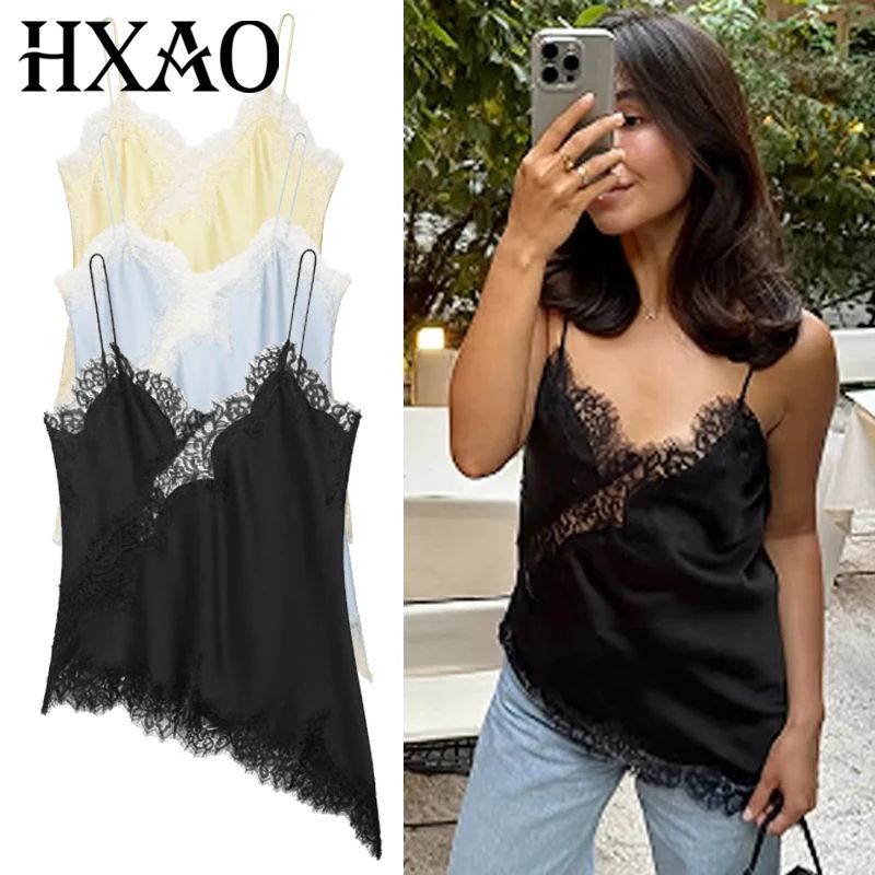 HXAO Y2K Lace Asymmetrical Backless Camisole Top For Women sky Blue 4