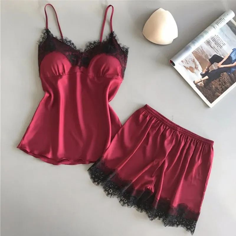 Women V Neck Lace Pajama Set With Cami And Sleep Shorts a m 45 450kg