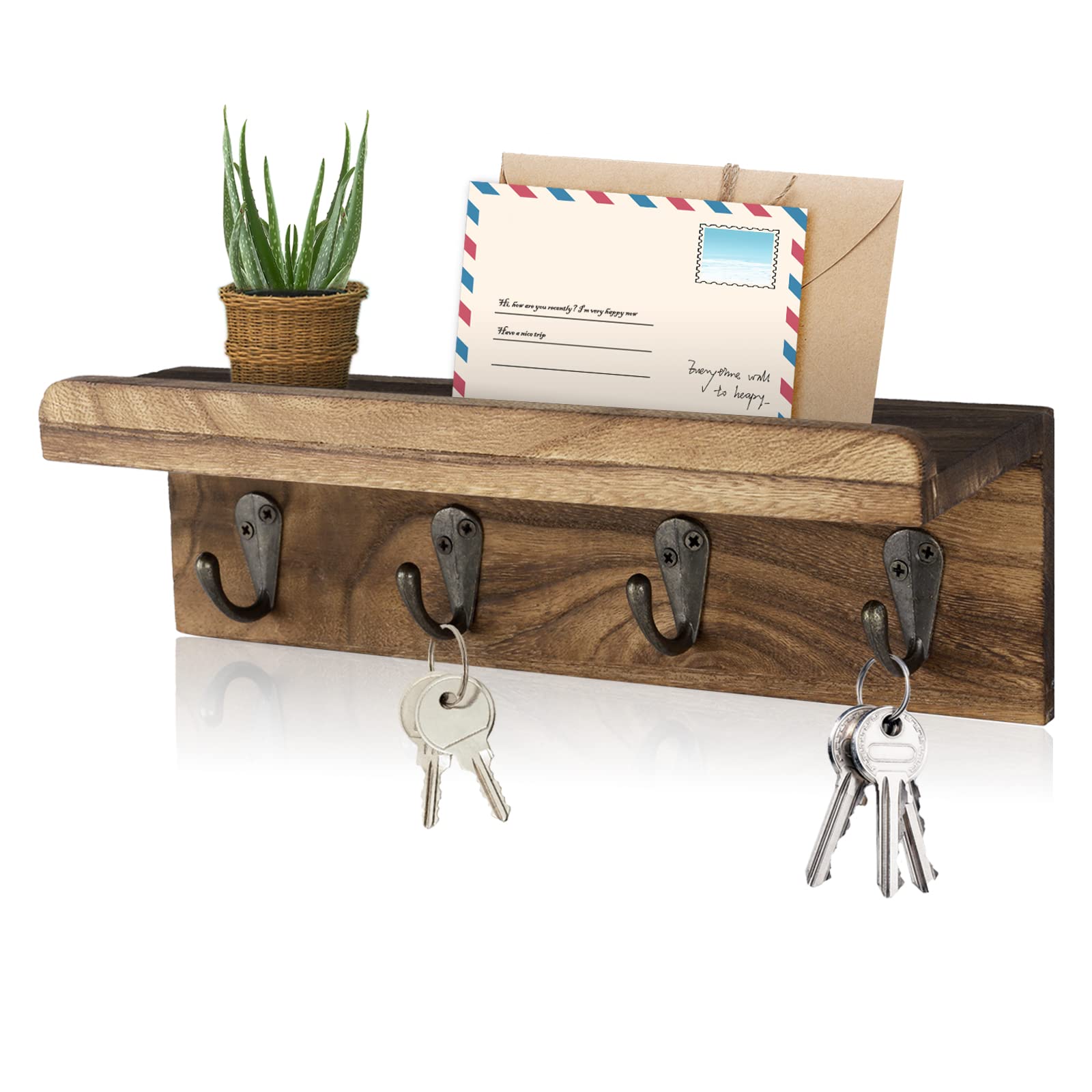 Rustic Wood Key Holder Shelf With Hooks Farmhouse Wall Decor white