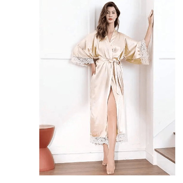 Silk Satin Lace Long Wedding Robe For Bride And Bridesmaid black l