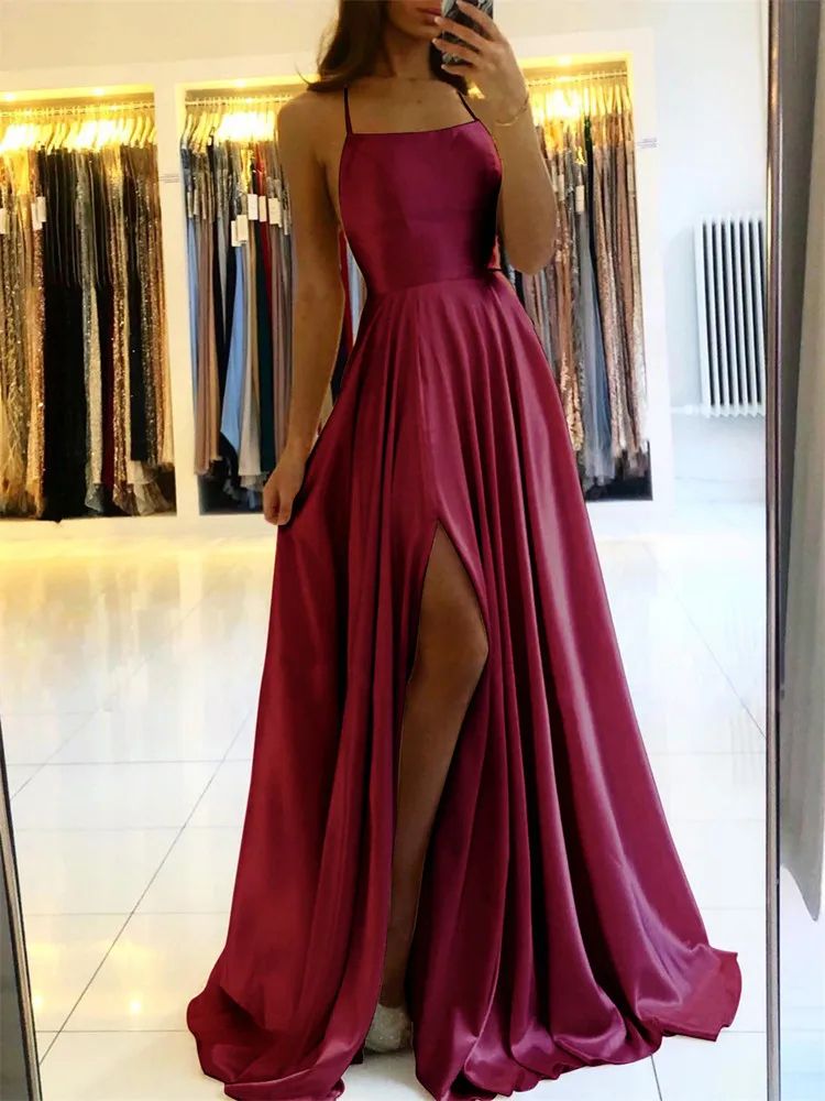 Burgundy Satin Elegance Maxi Dress Sexy Side Slit Adjustable Strap Evening & Burgundy Satin Maxi Dress Gown burgundy s