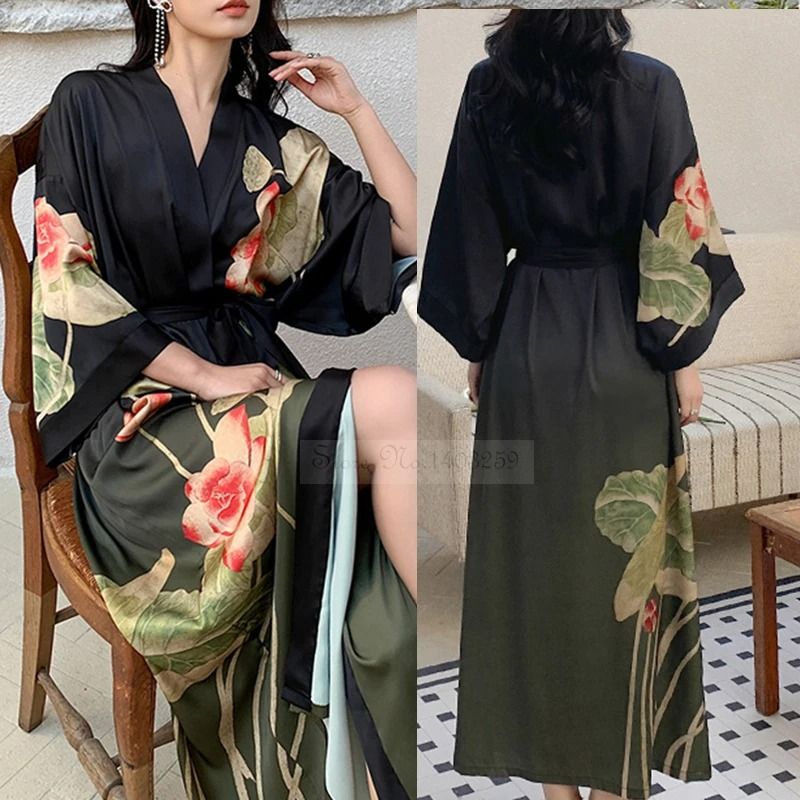 New Spring Summer Female Long Robe Set Sexy Flower Print Kimono & Silk Satin Casual Lounge Wear blue Robe B