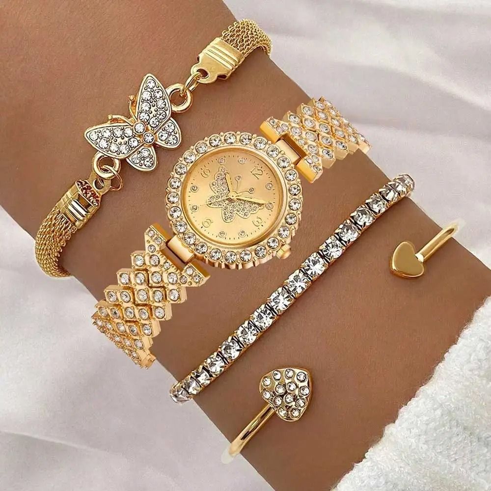 Golden Butterfly Luxury Quartz Watch Set 4 Piece Trendy Fashion Bracelet Collection For Effortless Daily Styling Golden Butterfly Luxury Quartz Watch Set 4 Piece Trendy Fashion Bracelet Collection For Effortless Daily Styling
