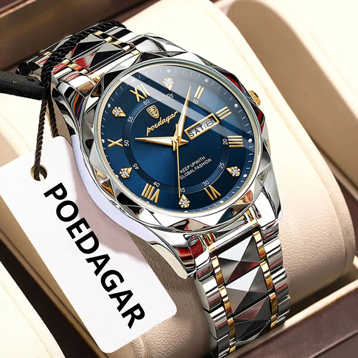 POEDAGAR 615 Luxury Waterproof Stainless Steel Men's Quartz Watch With Luminous Date & Week Display 615 Gold Green