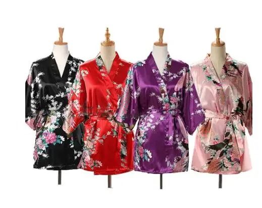 Peacock Print Japanese Kimono Yukata Professional Silk Satin Short Nightgown & Bath Robe Costume navy s