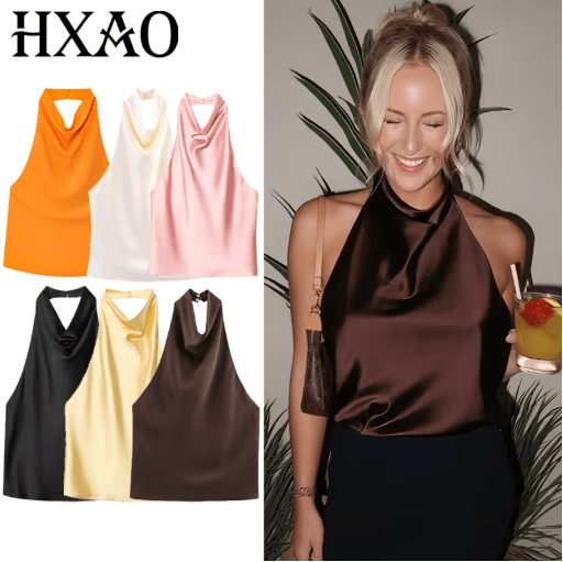 HXAO Satin Halter Backless Corset Top Elegant Summer Tank For Women purple l(us 08 10)