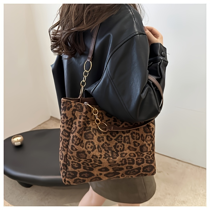 Vintage Leopard Print PU Tote Shoulder Bag Stylish Brown Handbag For Women Perfect For Shopping Commuting Office coffee