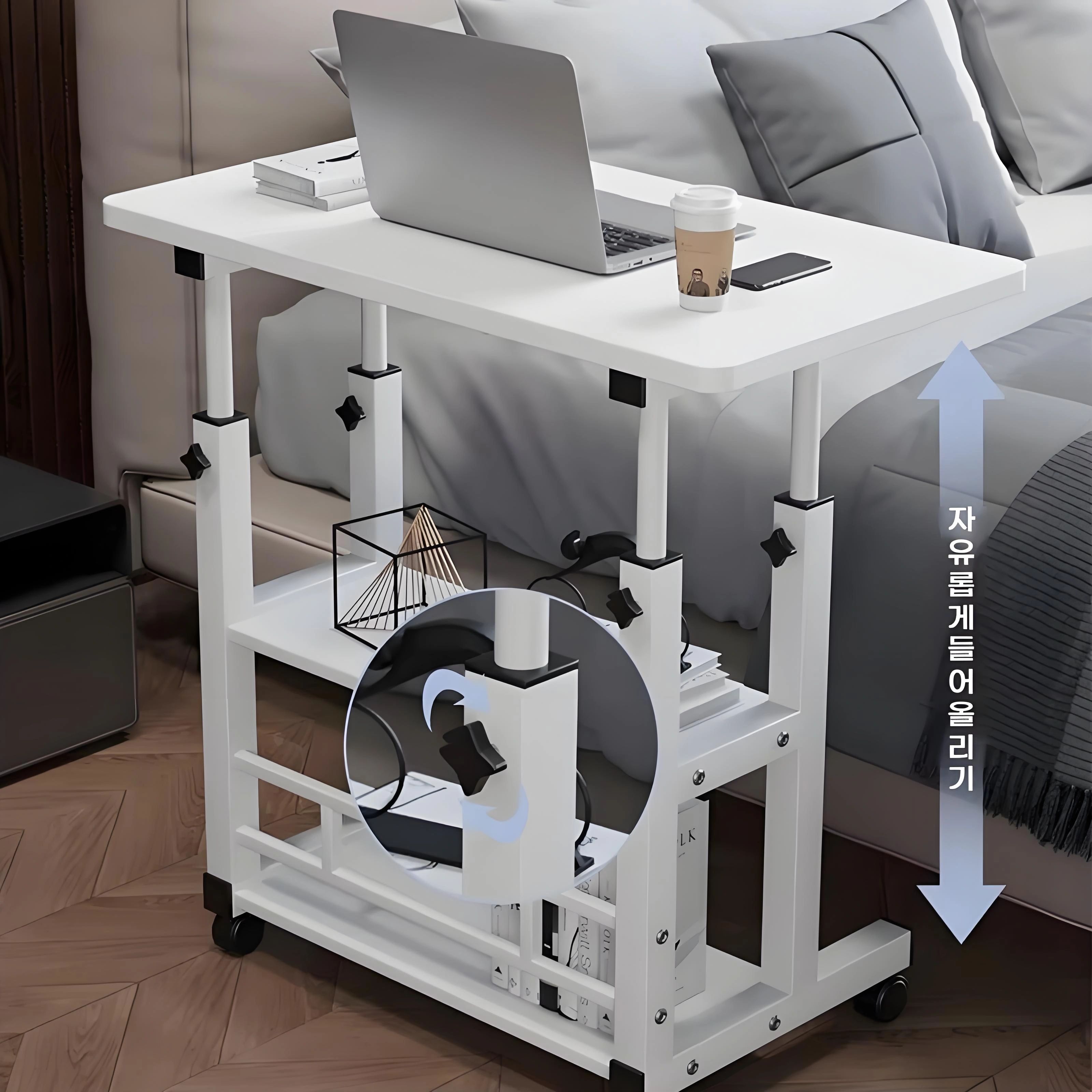 Double Layer Movable Office Desk With Storage Shelf Adjustable Bedside Laptop Table For Home And Work 3 tier Black 31.50x15.75in