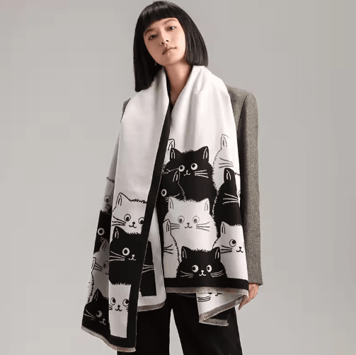 Cute Cat Jacquard Pashmina Scarf Thick Cashmere Winter Shawl & Blanket Wrap For Women multi