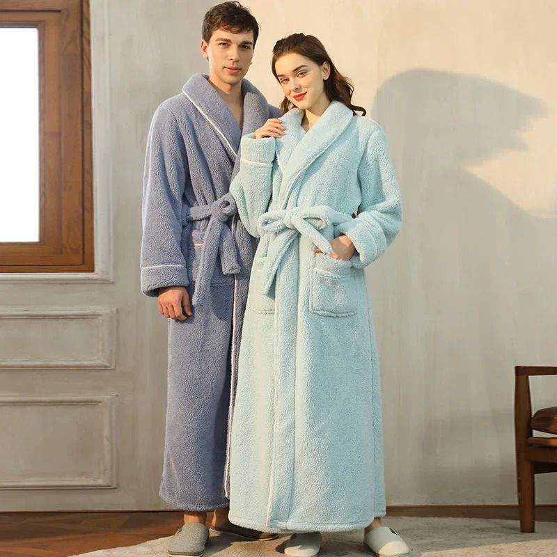 2026 Premium Thick Cotton Robe Light Luxury Extended Pajama & Comfortable Couple's Bathrobe black And Gray Male l xl