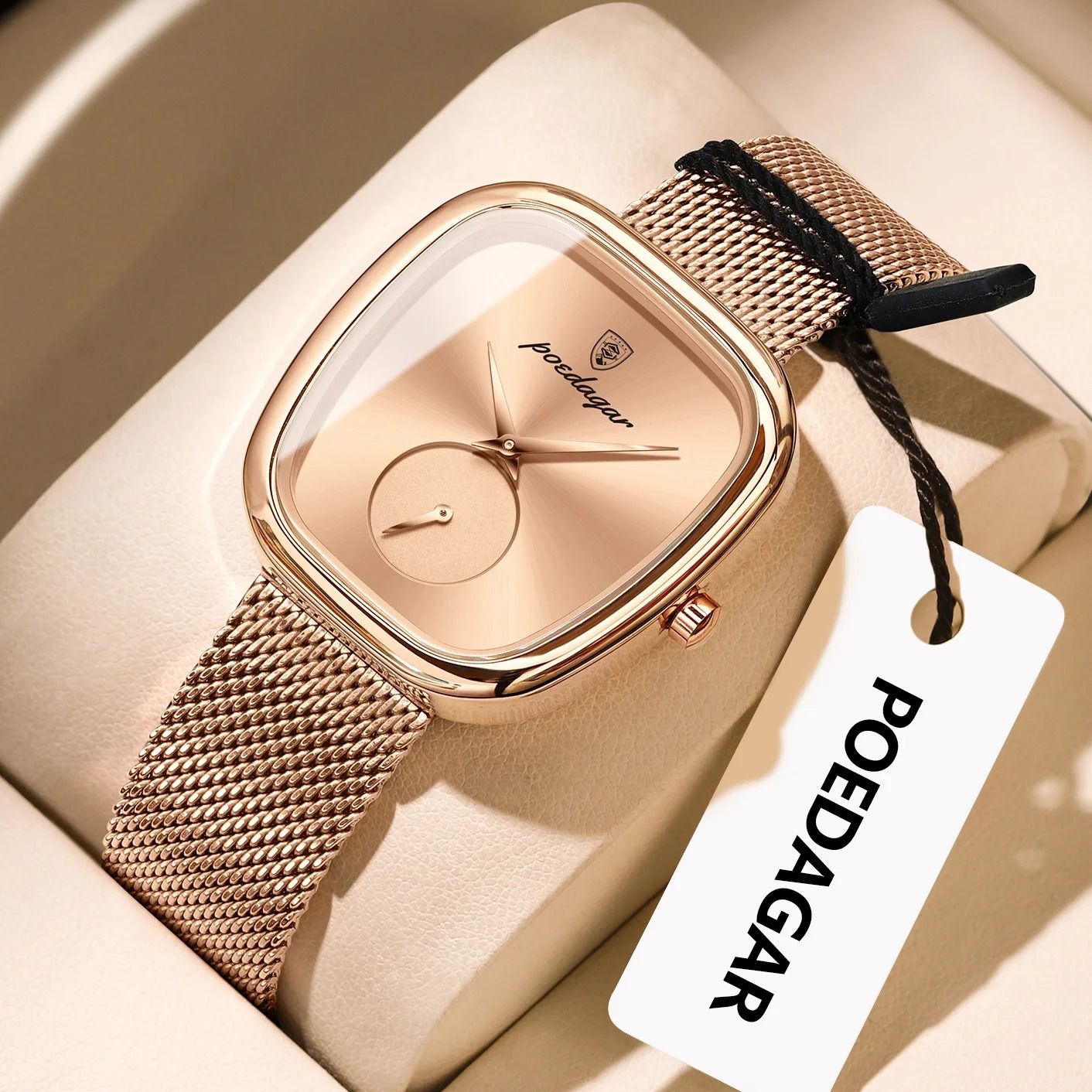 Stainless Steel Mesh Luxury Watch Modern Waterproof Quartz Wristwatch For Fashion Forward Women rose Gold Red