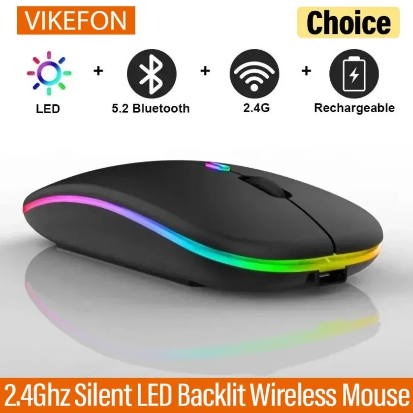 Rechargeable Dual Mode Silent Wireless Mouse With LED Backlight Slim Wireless Mouse For PC & Laptop matte Black