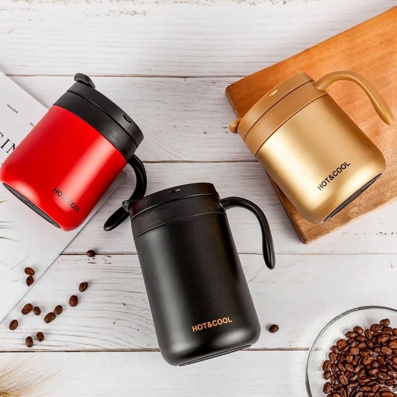 Simple Solid Color Stainless Steel Insulated Coffee Cup With Handle Wide Mouthed Large Capacity Office Mug white 500 Ml