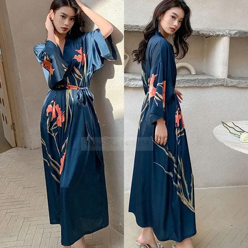 Floral Rayon Kimono Long Bathrobe For Women Spring Summer Loungewear khaki Flower one Size