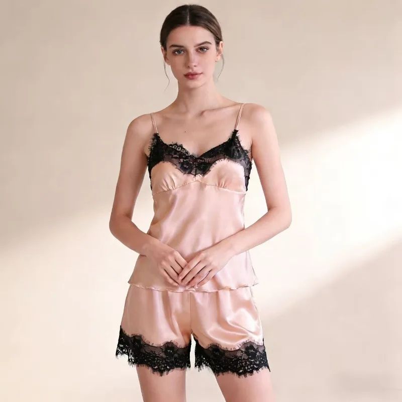 Womens V Neck Lace Pajama Shorts Sleepwear Set a one Size