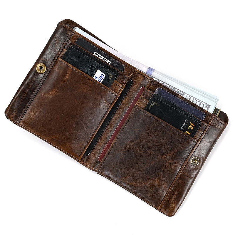 Genuine Leather Mens Zipper Wallet Real Cowhide Short Bifold Card Holder & Coin Purse brown