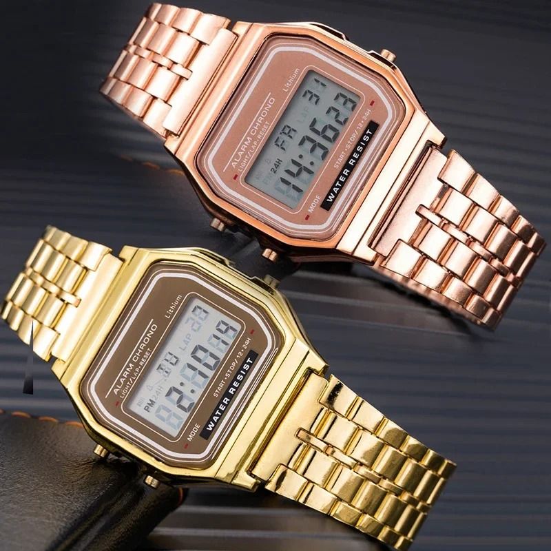 Retro Digital Stainless Steel Sports Watch Waterproof Military Style Electronic Wristwatch For Men And Women rose Gold