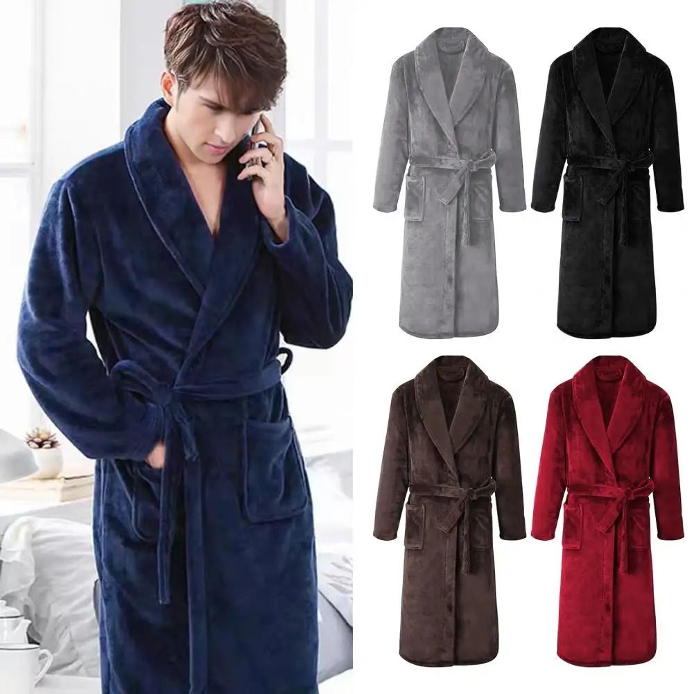 Mens Plush Flannel Winter Bathrobe Thick Lined Medium Length Home Robe black 2xl