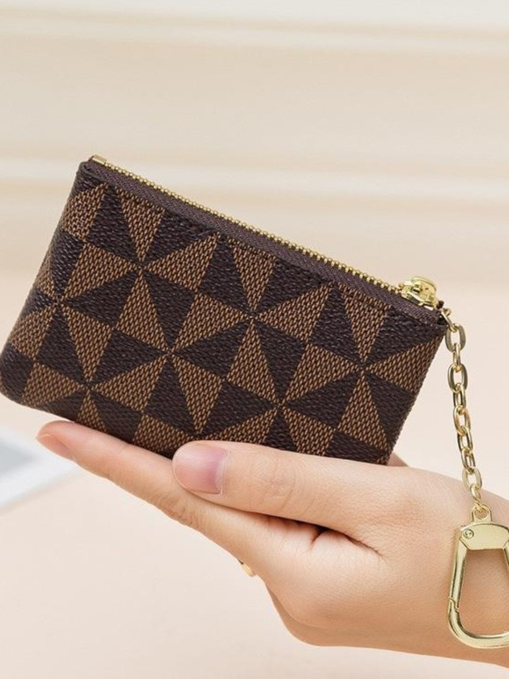 Mini Card Case With Key Holder & Metal Decor Stylish Coin Purse & Hanging Bag For Easy Organization brown