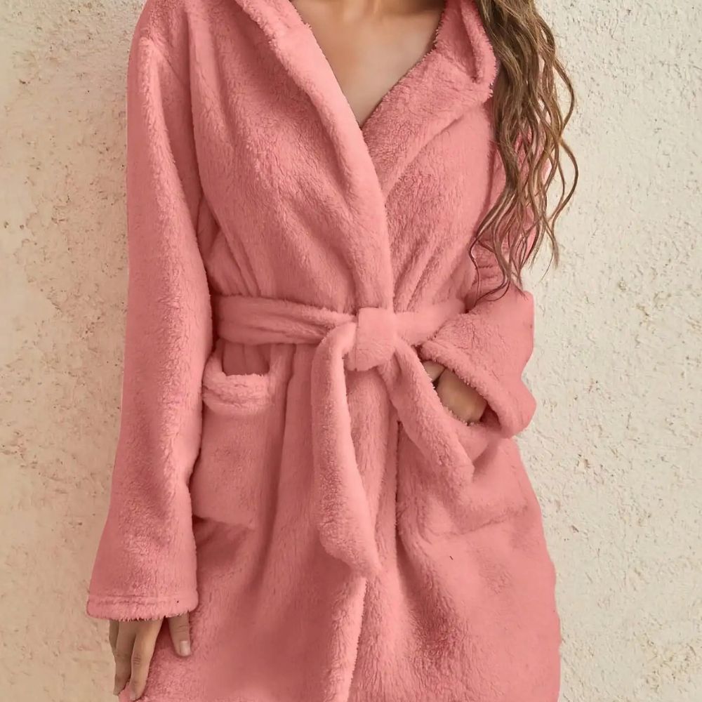 Womens Hooded Fleece Robe With Belt Cozy Autumn Winter Loungewear black l
