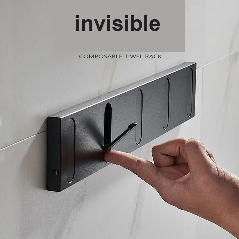 FlexHide Invisible Folding Wall Hooks Space Aluminum Self Closing Coat & Towel Hanger grey 4 Hooks