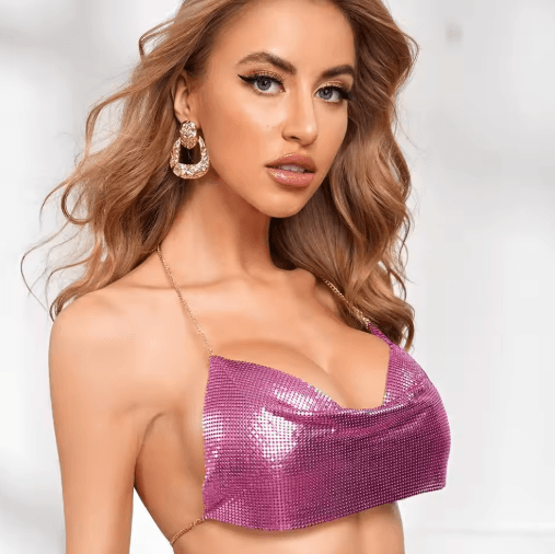 Womens Metallic Halter Crop Top Glitter Backless Corset Cami green one Size