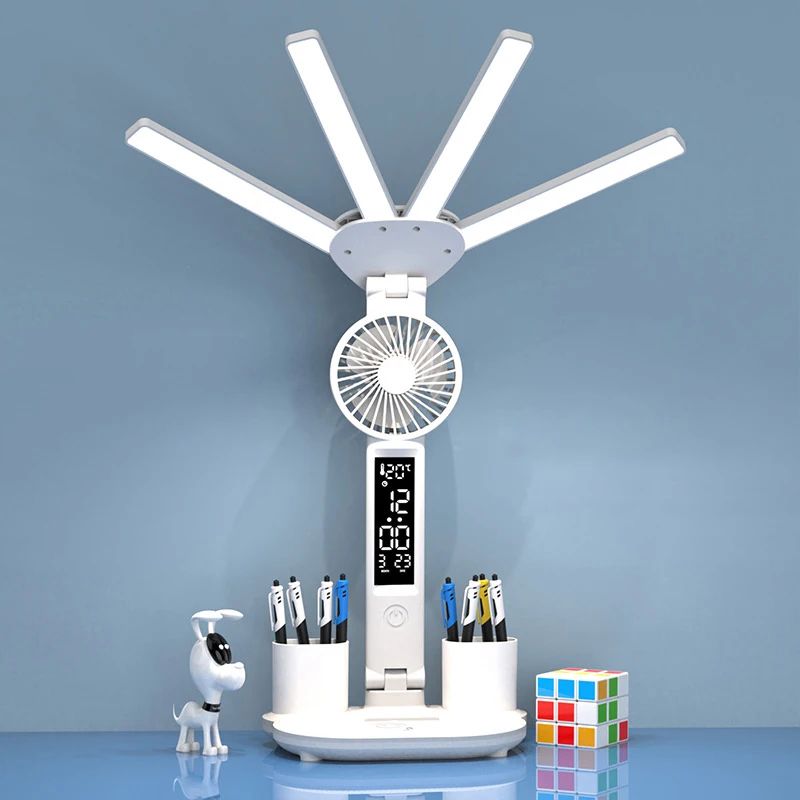 Rechargeable LED Desk Lamp With Fan And Clock Display clock Plug In