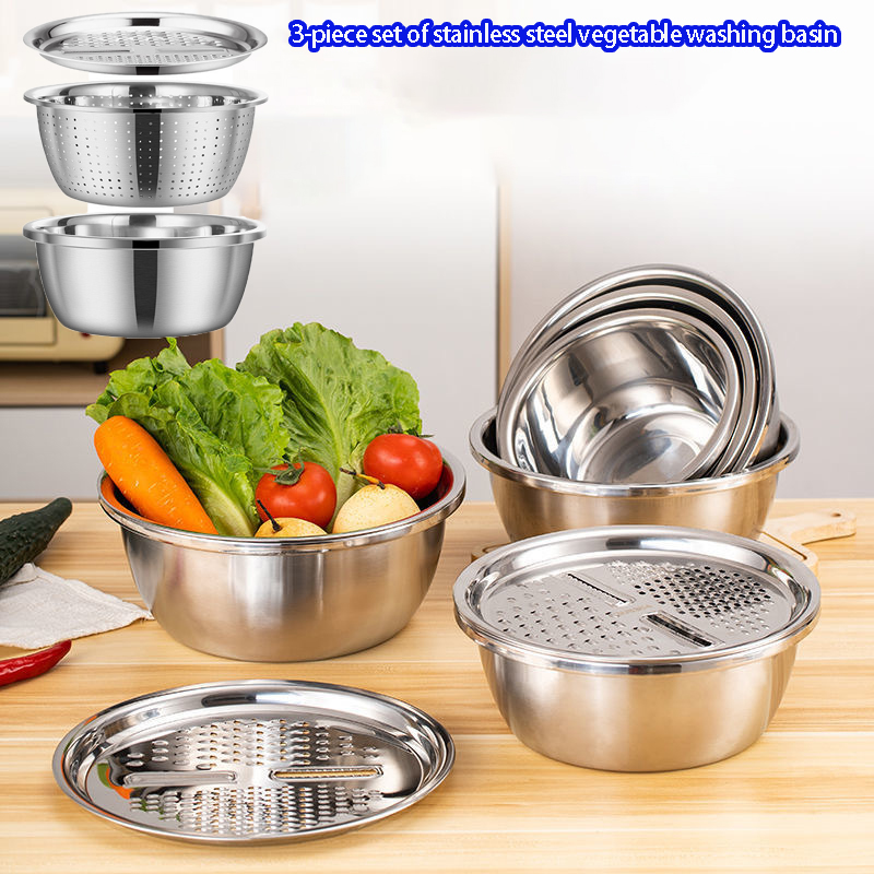 Stainless Steel Multifunctional Strainer And Mixing Bowl Set For Washing And Slicing Fruits And Vegetables Stainless Steel Multifunctional Strainer And Mixing Bowl Set For Washing And Slicing Fruits And Vegetables