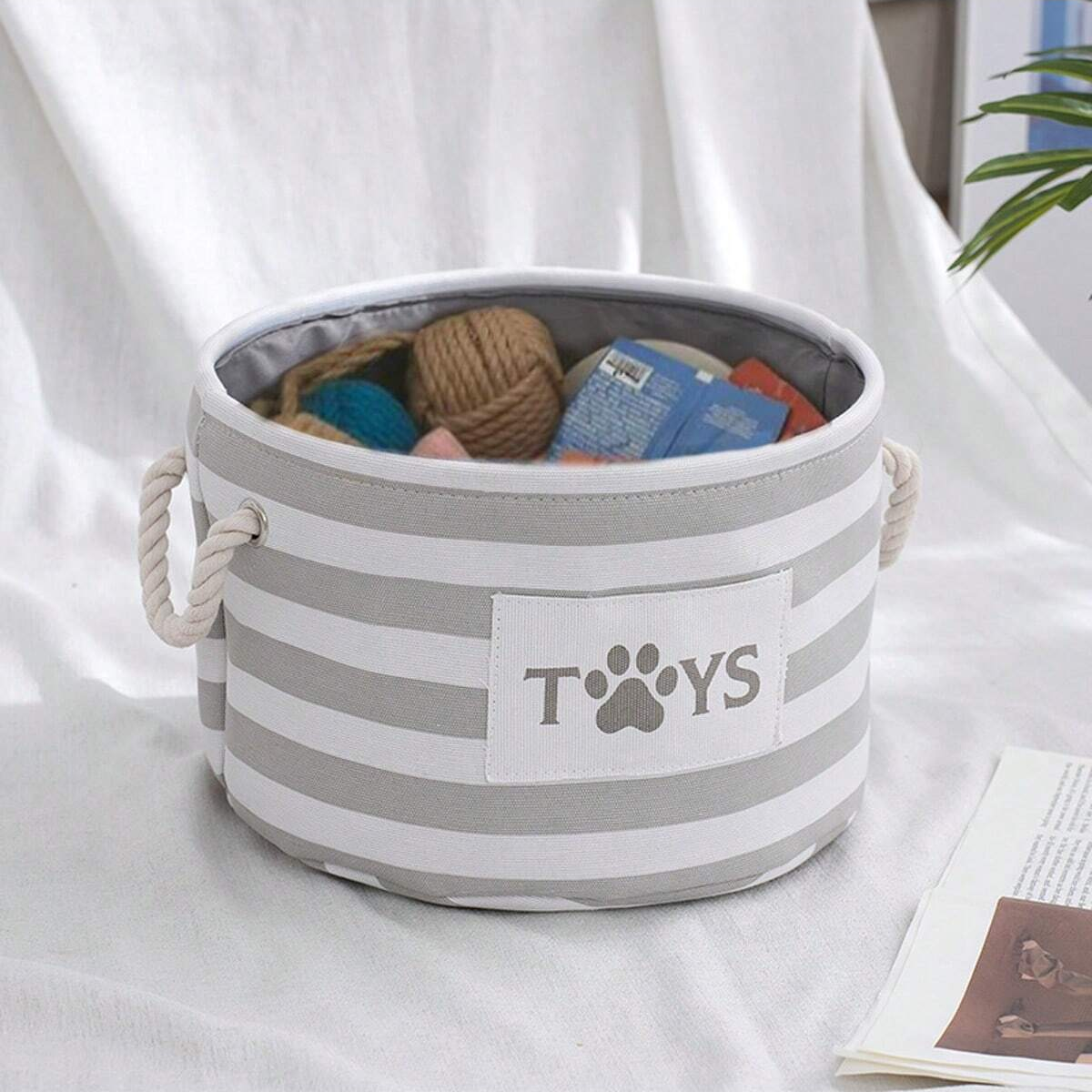 Foldable Striped Pet Toy Basket With Woven Rope Handle, Durable Dog Toy Storage Box Foldable Striped Pet Toy Basket With Woven Rope Handle, Durable Dog Toy Storage Box