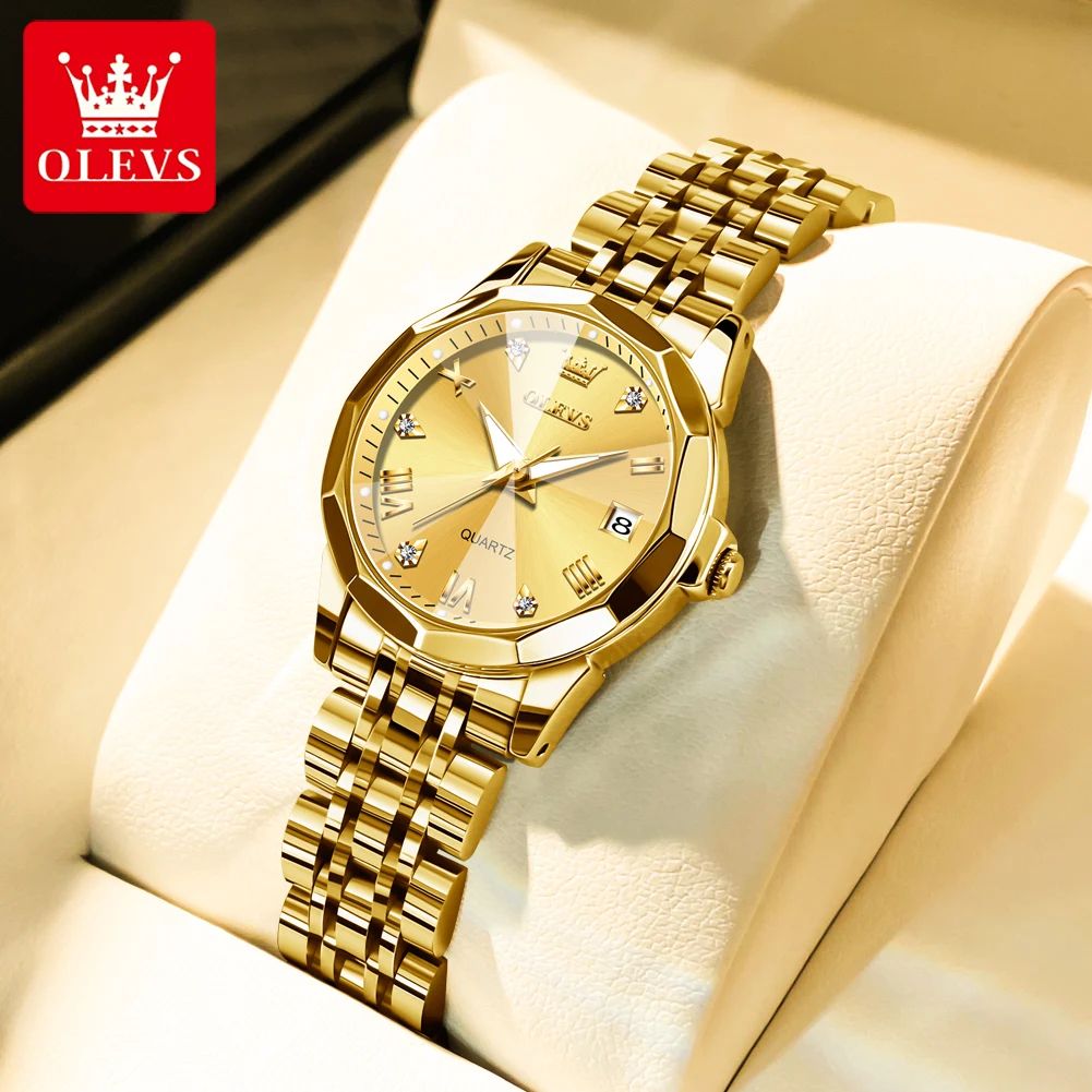 OLEVS Elegant Golden Women's Quartz Watch Waterproof Stainless Steel Luxury Ladies Wristwatch gold Blue