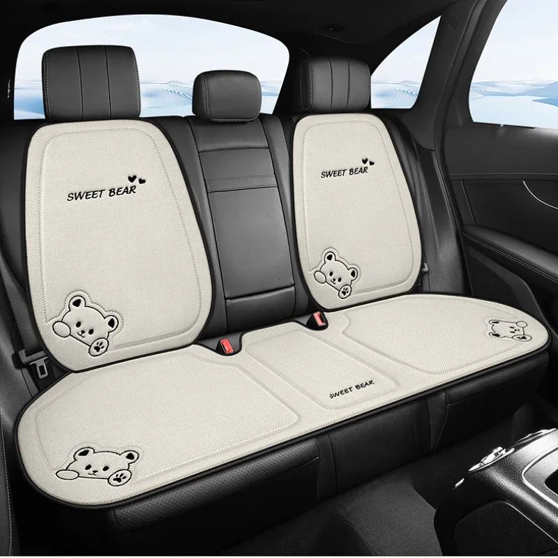 Luxury Cartoon Bear Linen Car Seat Cushion Cover Set Anti Slip Breathable Universal Fit For Front & Rear Seats b2