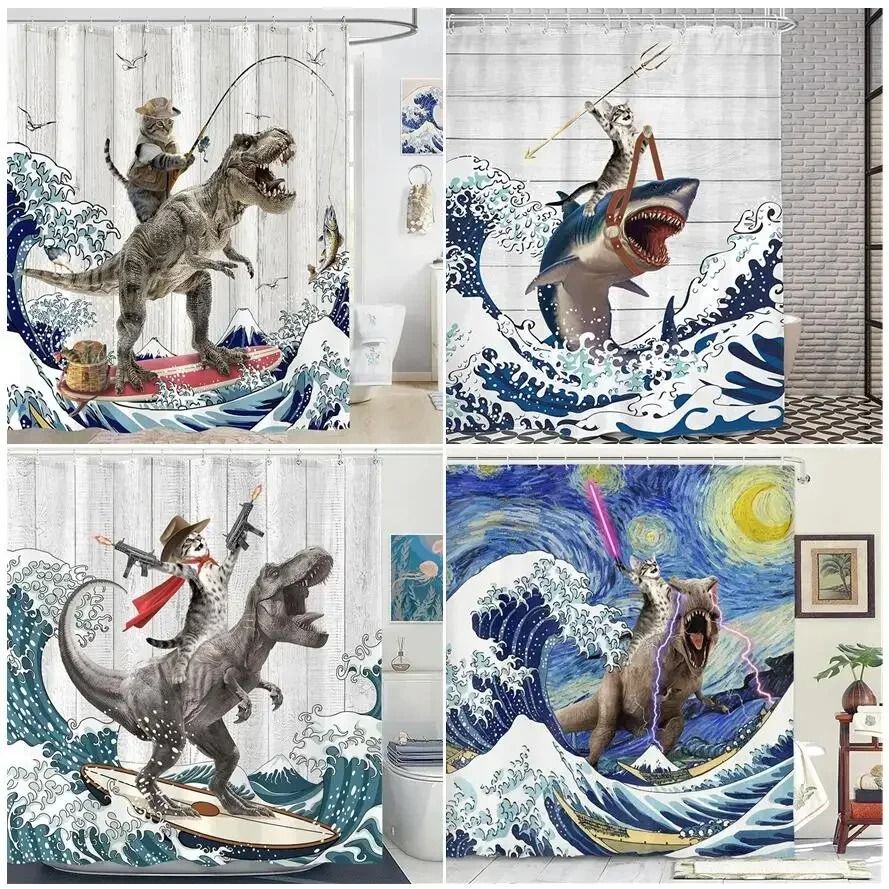 Creative Kids "Cat Riding Dinosaur" Shower Curtain style 13 47 In X 71 In