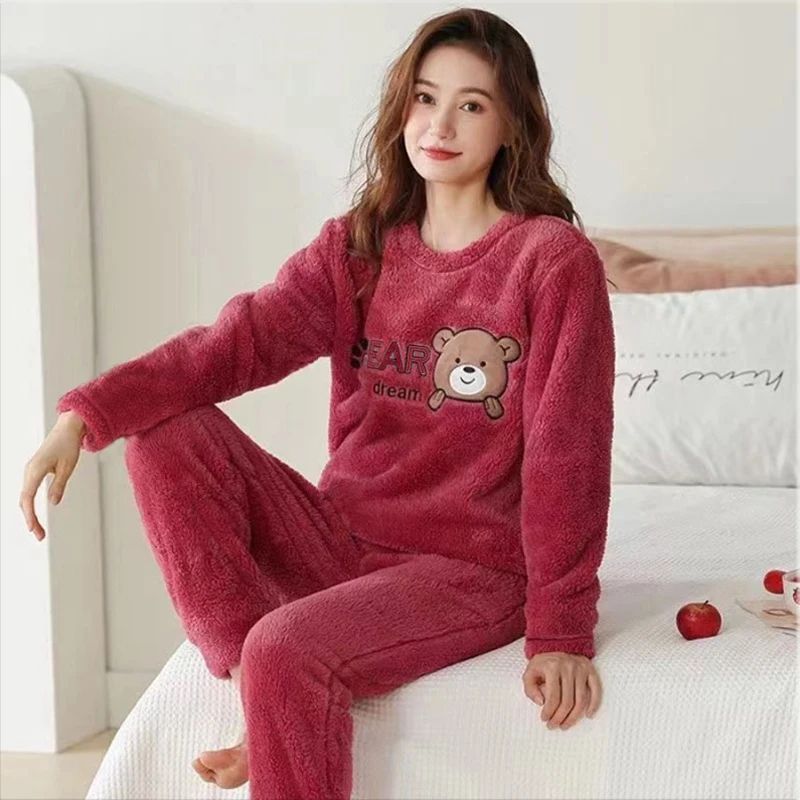 Women Winter Thick Flannel Coral Velvet Bear Pajama Set red xl(60 70kg)