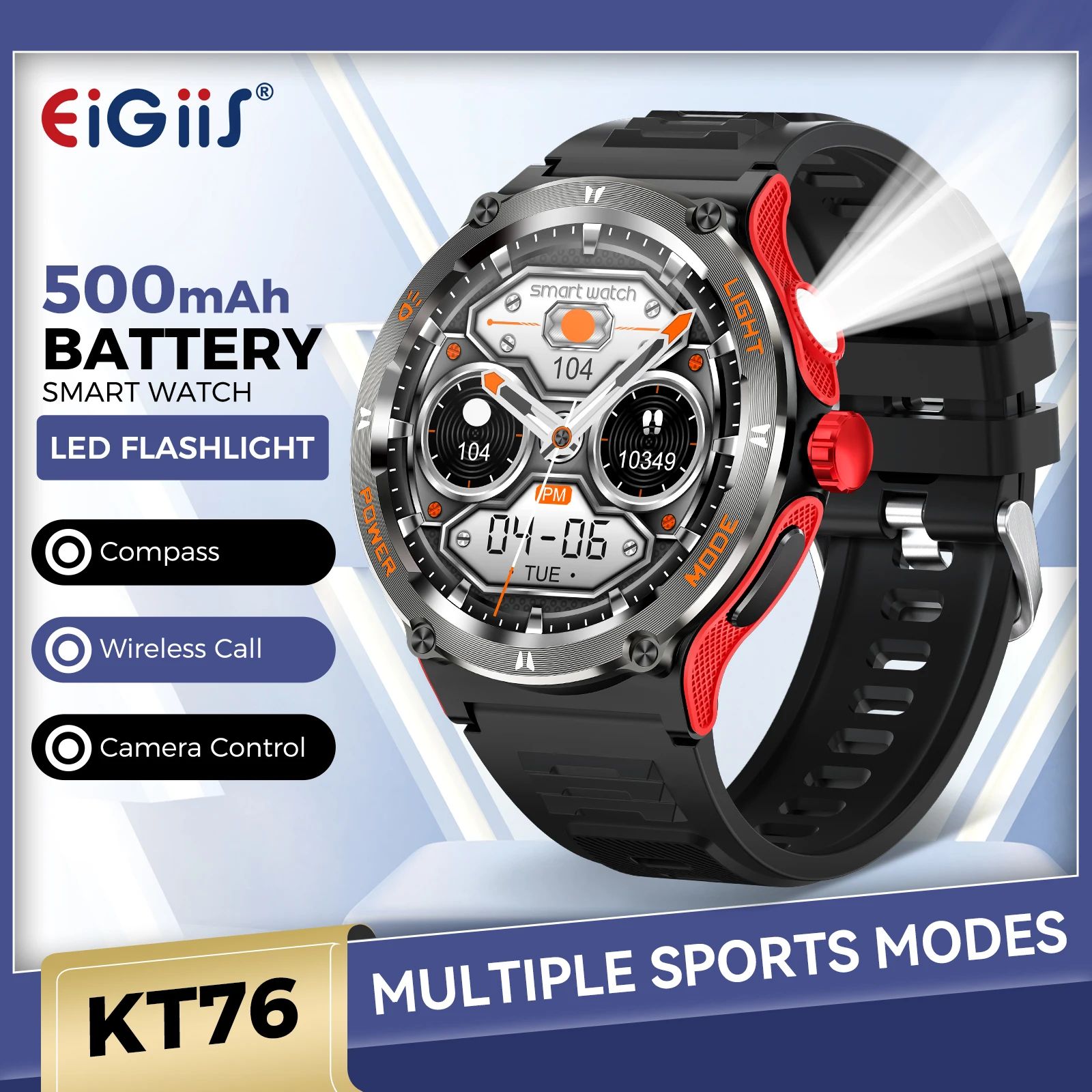 EIGIIS KT76 Rugged Smartwatch With Compass And Flashlight red