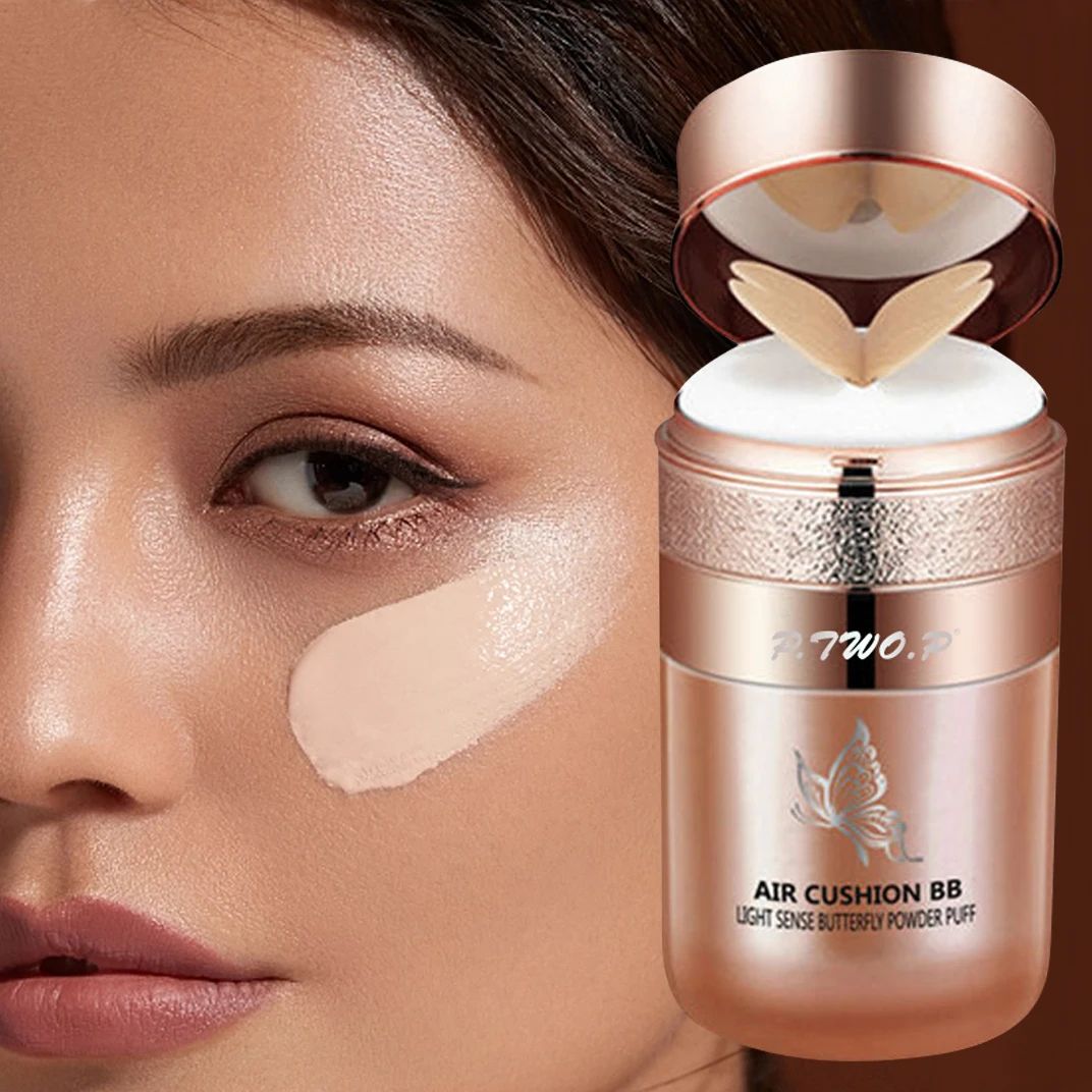 Air Cushion BB Cream With Butterfly Powder Puff Moisturizing Waterproof Oil Control Foundation 01 Ivory 3 Pcs