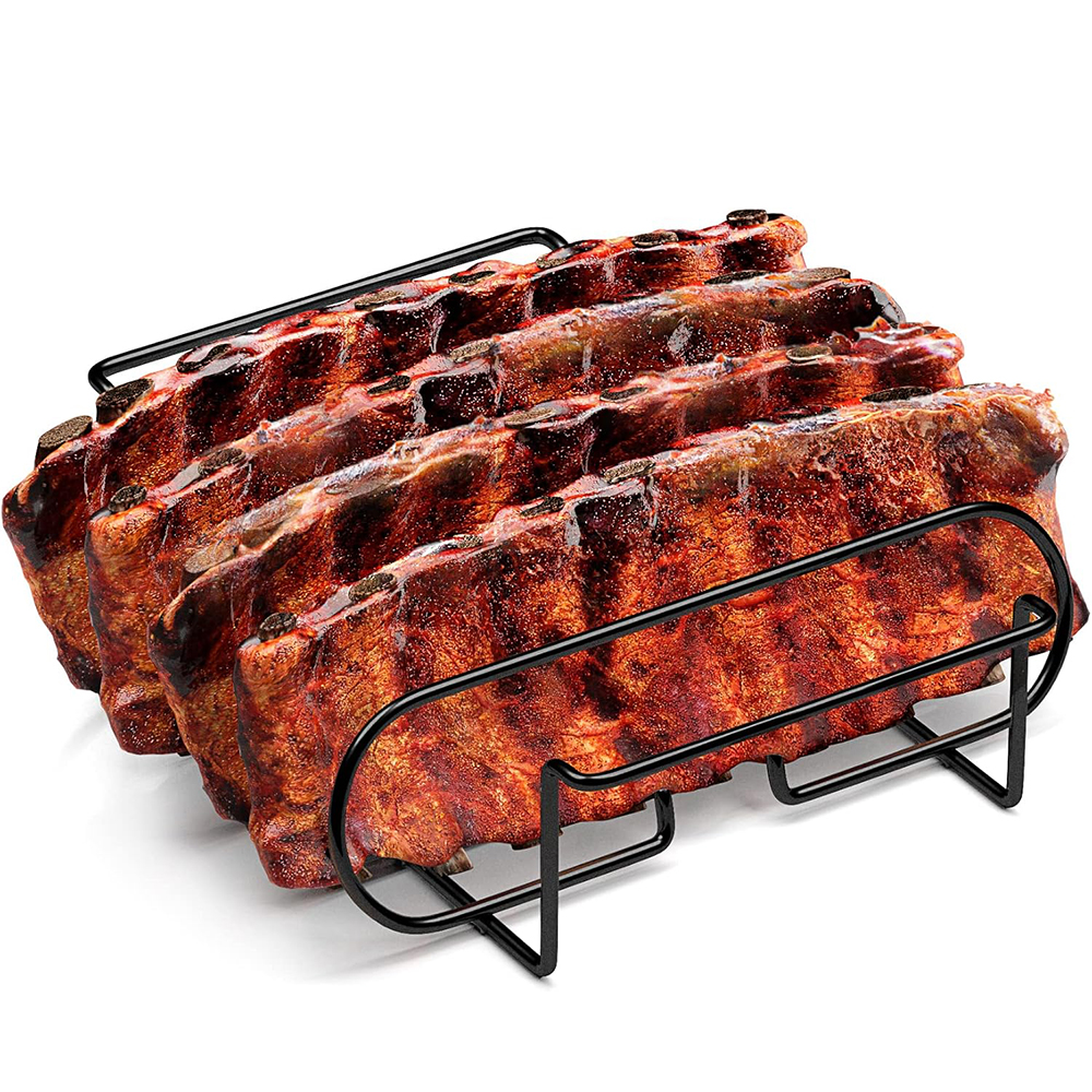 BBQ Rib Rack Non Stick Steel Grilling Stand For Perfect Ribs silver