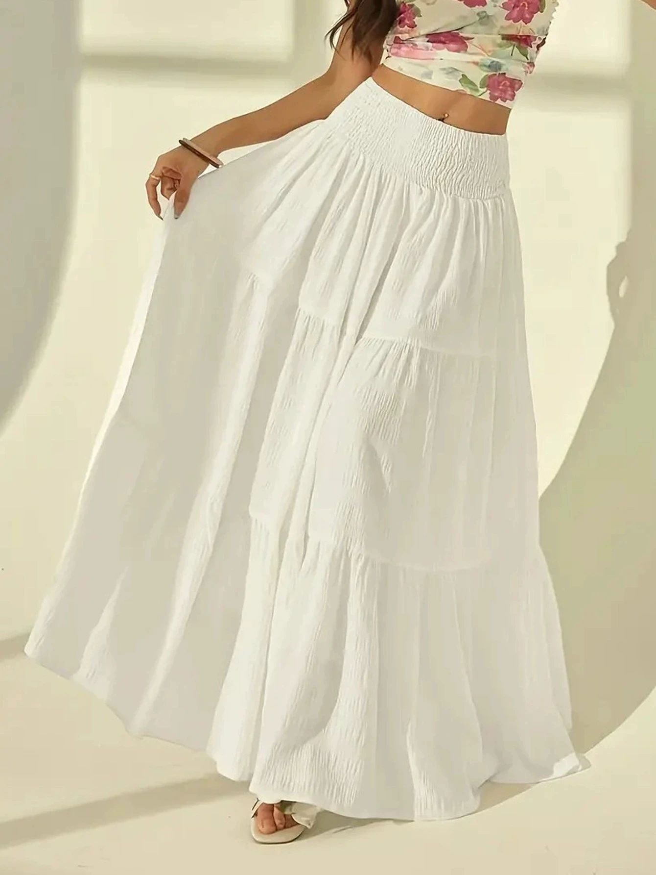 Boho Chic Tiered Maxi Skirt High Waisted Elastic Waist Skirt For Effortless Summer Style white xxl(us 14)