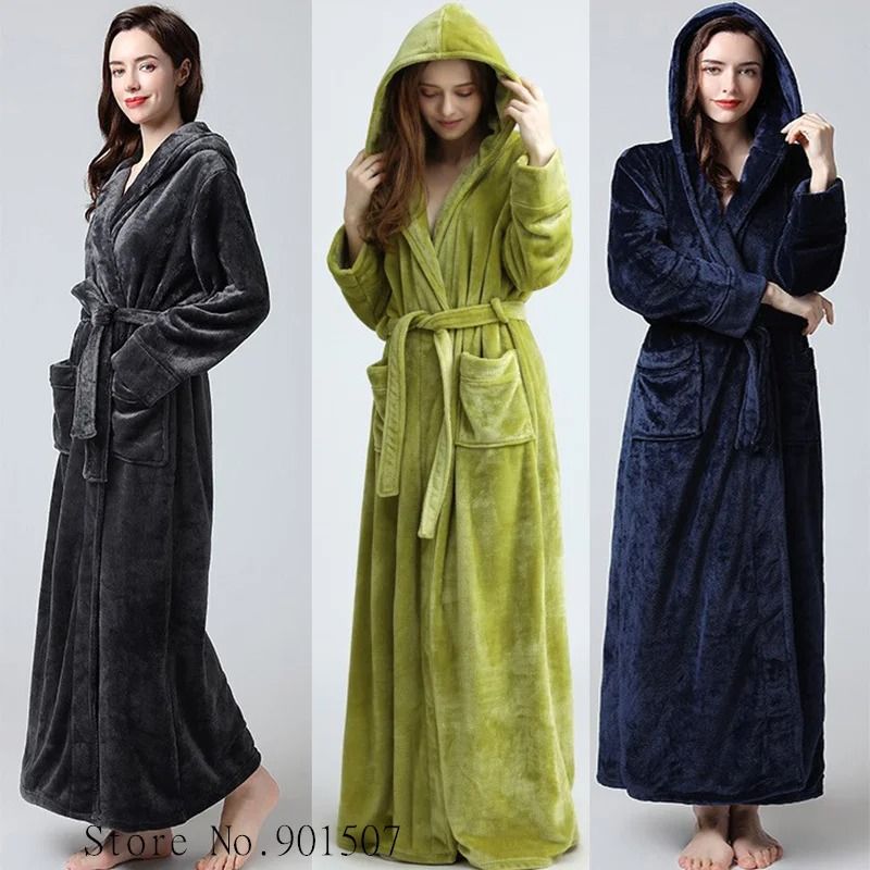 Extra Long Winter Coral Fleece Bathrobe Hooded Warm Kimono & Cozy Shower Robe For Women light Purple l