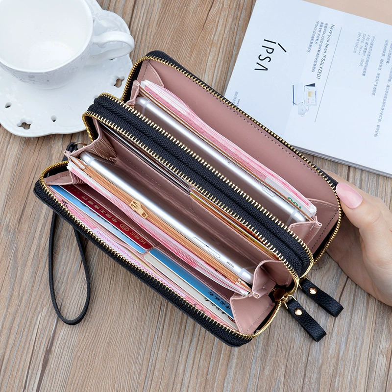 Womens PU Leather Double Zipper Wallet Clutch Large Capacity Wristlet Phone Purse & Card Holder With Money Clip purple