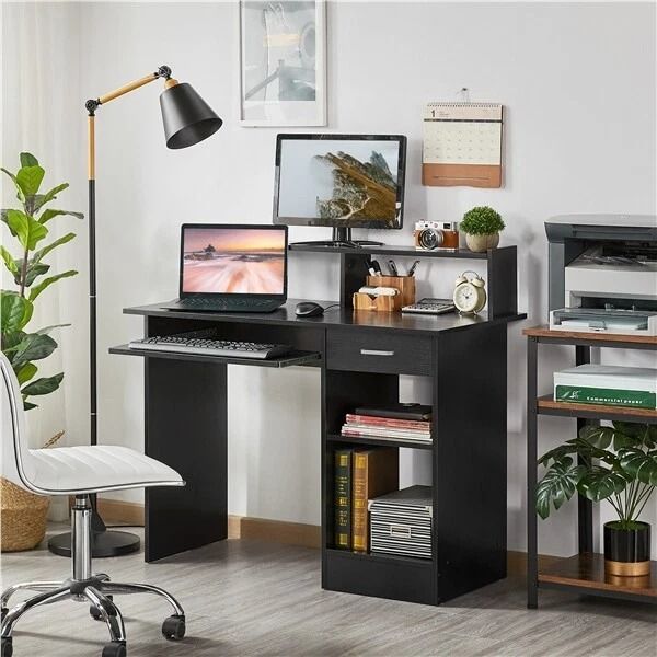 Compact Home Office Desk With Keyboard Tray, Modern Desk Workstation, Storage And Adjustable Shelf Organizer Compact Home Office Desk With Keyboard Tray, Modern Desk Workstation, Storage And Adjustable Shelf Organizer