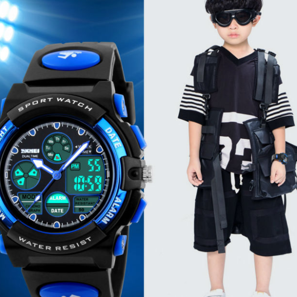 Dual Time Display Sports Kids Watch Waterproof Chrono Alarm Wristwatch For Boys And Girls blue