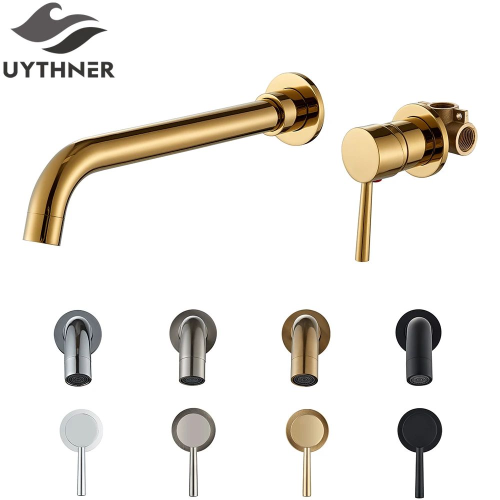 Brushed Gold Wall Mount Bathroom Faucet Concealed Hot & Cold Basin Mixer Tap golden 15cm