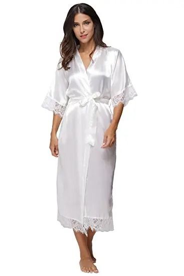 Lace Patchwork Satin Kimono Robe Professional Silk Long Nightgown & Wedding Bridesmaid Lingerie white xl