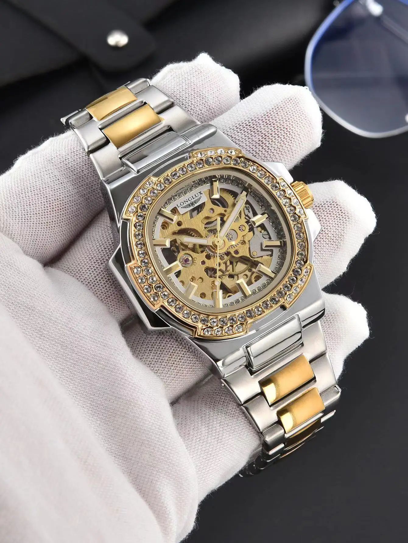 LONGLUX Luxury Skeleton Automatic Men's Diamond Stainless Steel Watch golden White