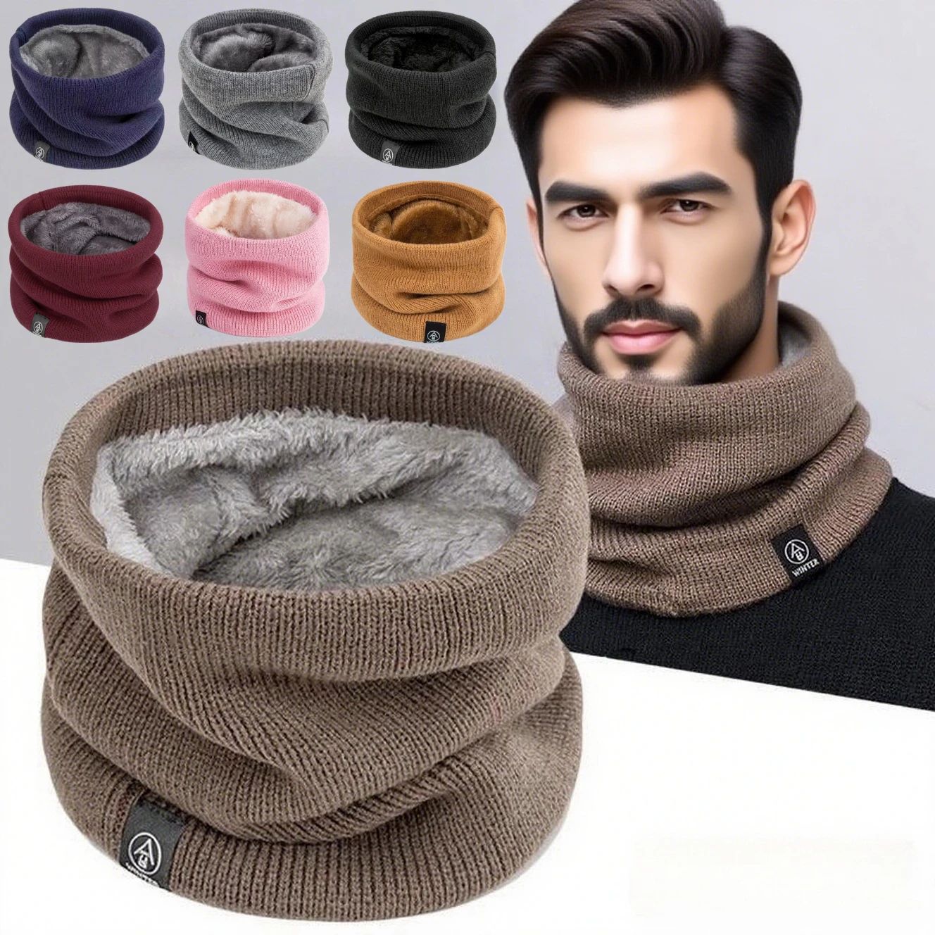 Winter Warm Knitted Neck Scarf Full Face Cover Plush Cashmere Feel Thermal Neck Warmer For Women & Men black